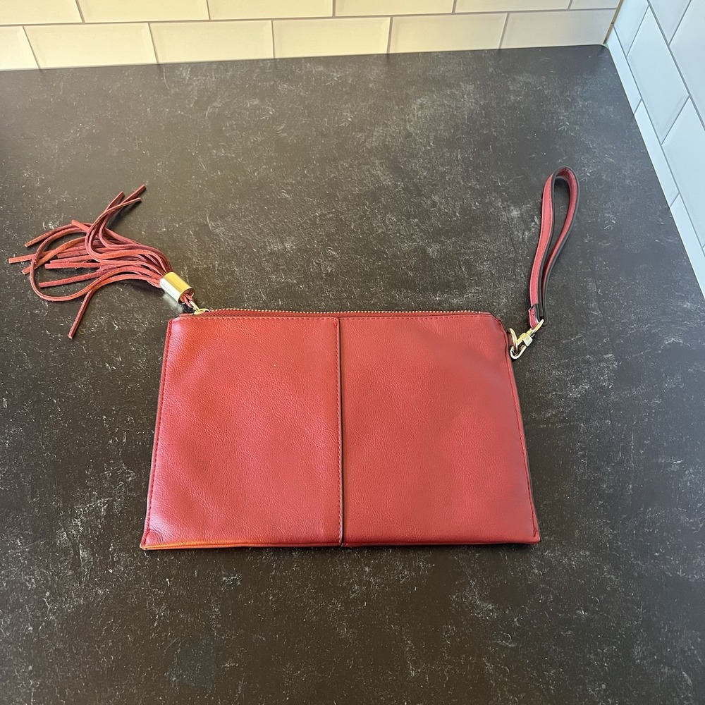 Dark Red Faux Leather Wristlet Purse w/Tassel and Gold -Party, Wedding, Cocktail
